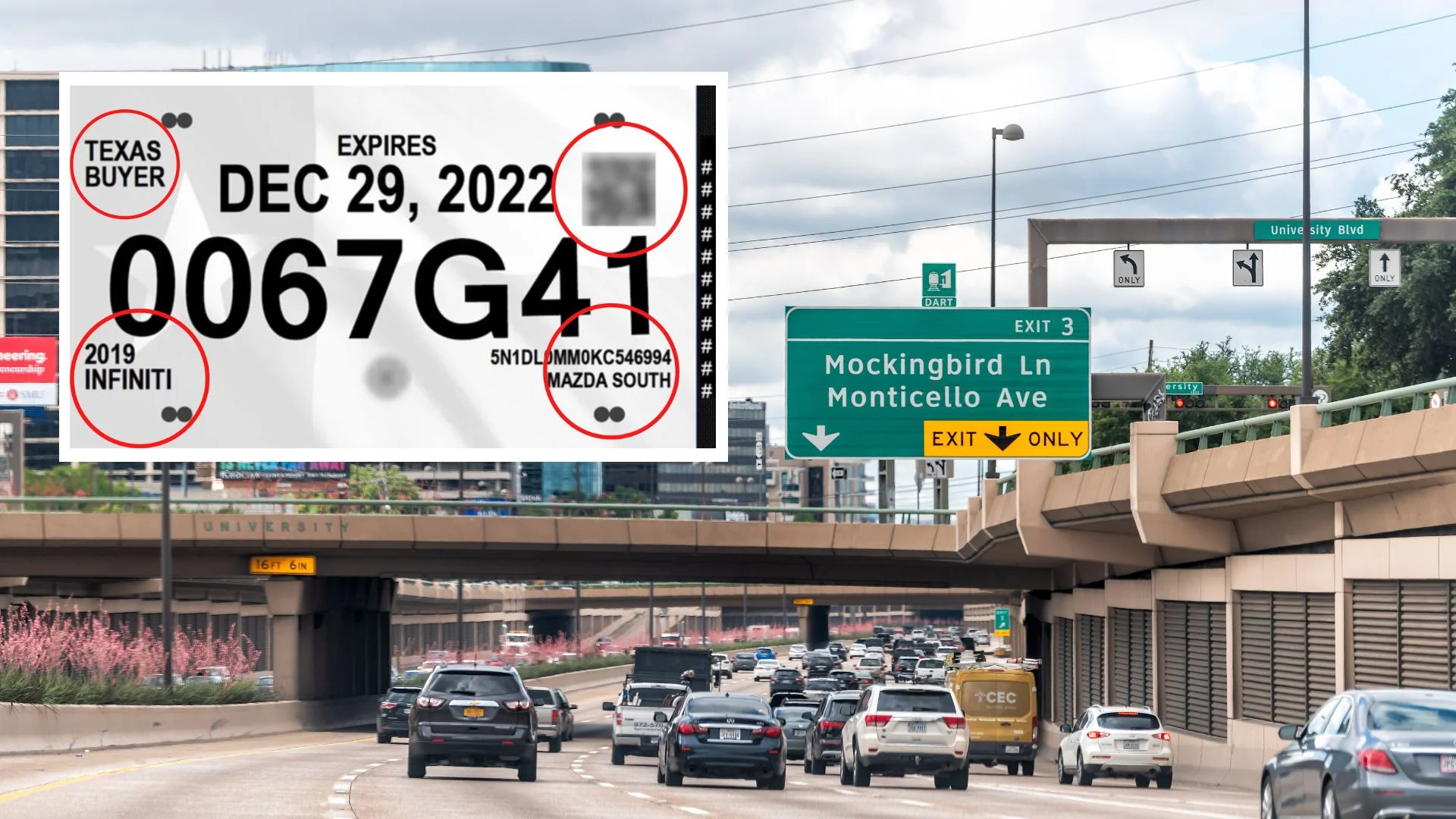 Ejemplo de placas temporales en Texas — el papel viejo ya es inválido