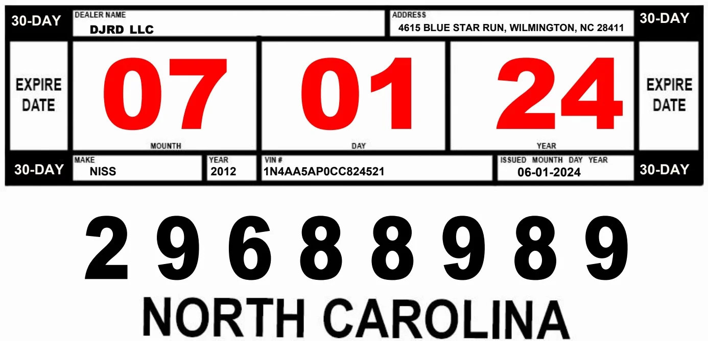 Placas temporales en North Carolina: ejemplo de placa provisional del estado