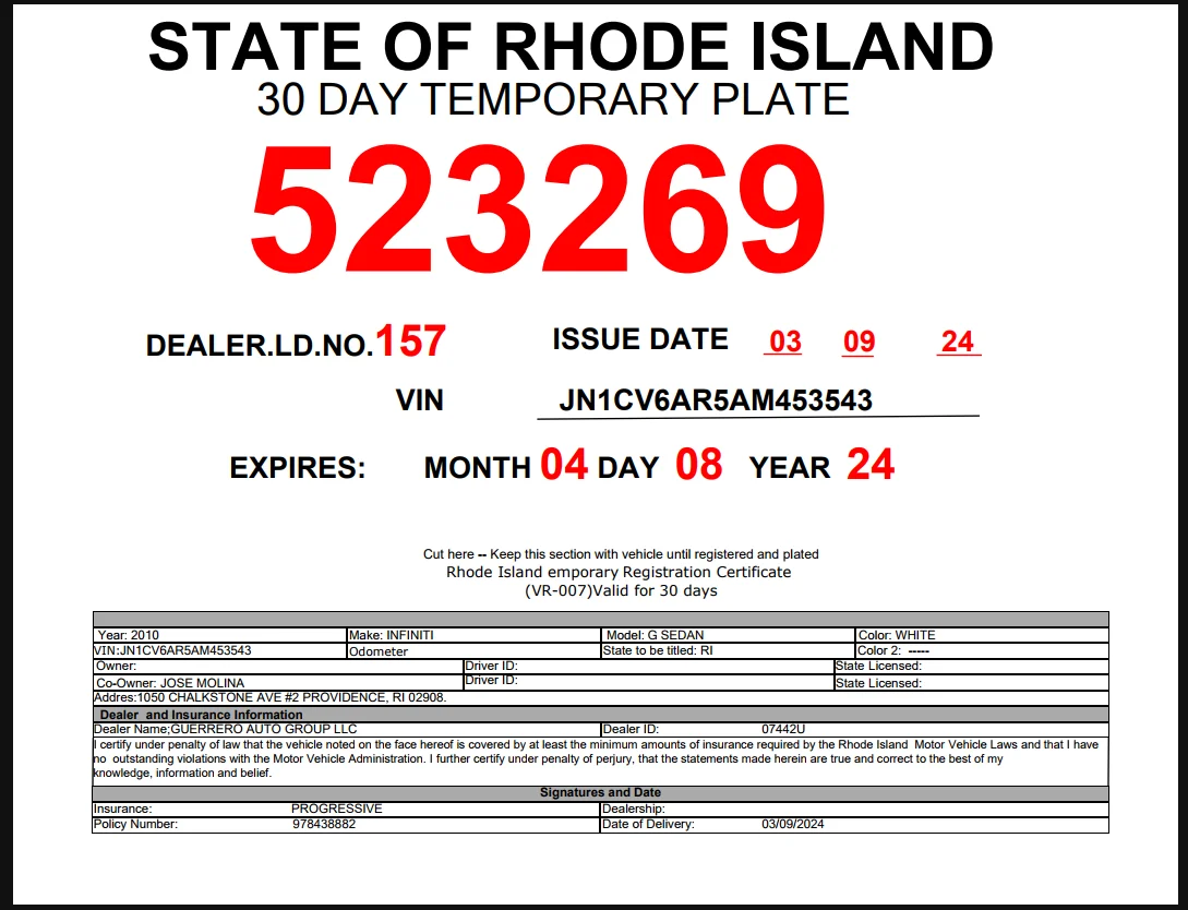 Como sacar placas temporales en Rhode Island online de dealer licenciado