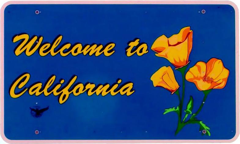 Letrero Welcome to California en la frontera estatal, estado donde tramitamos placas temporales