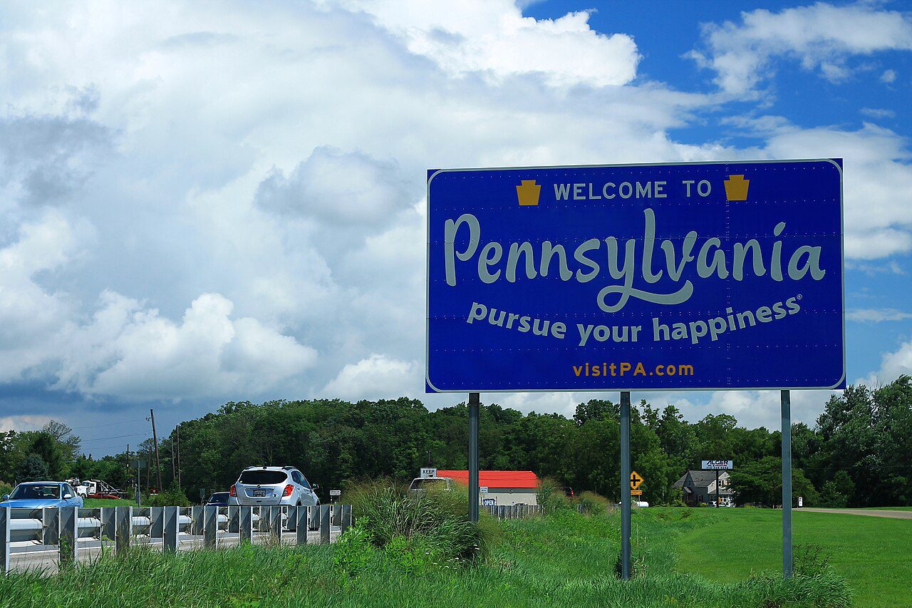 Letrero Welcome to Pennsylvania en la US-1, entrada al estado donde gestionamos placas temporales